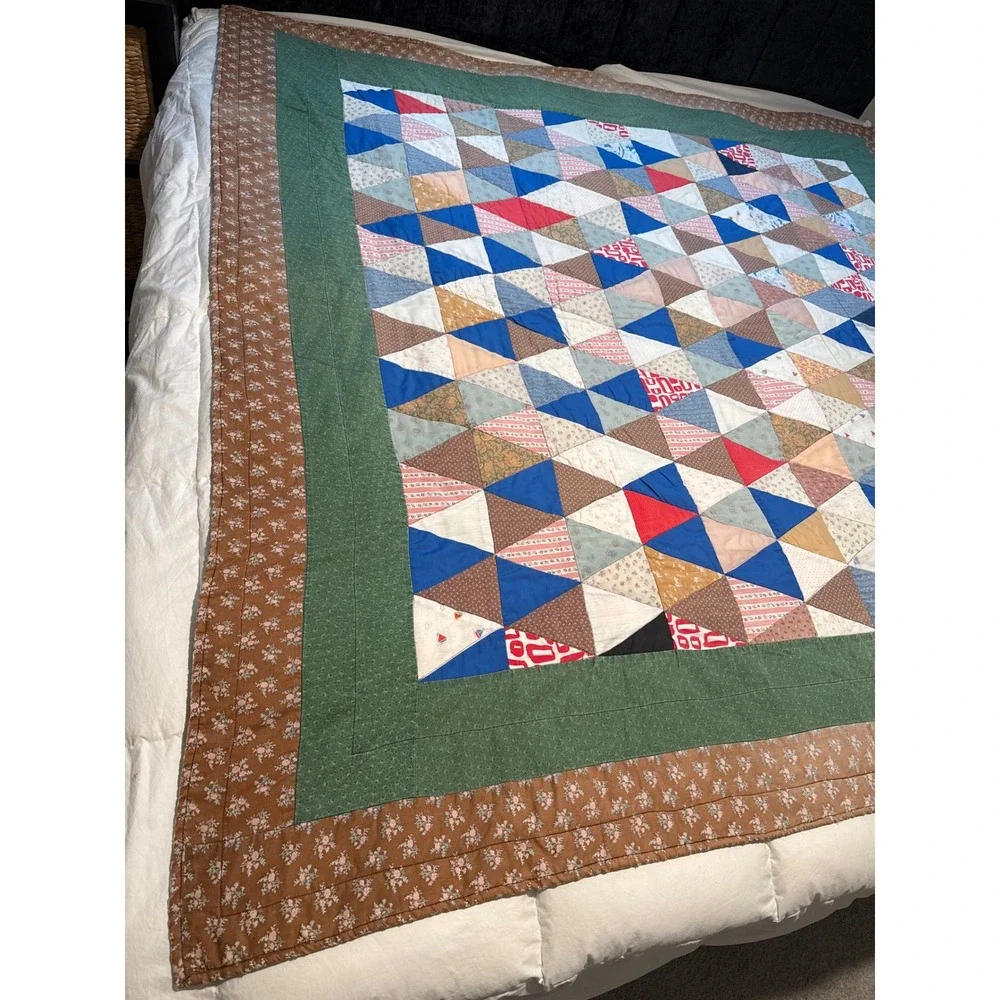 Antique Handmade Reversible Triangle Patchwork Quilt Cotton Geometric 74x72
